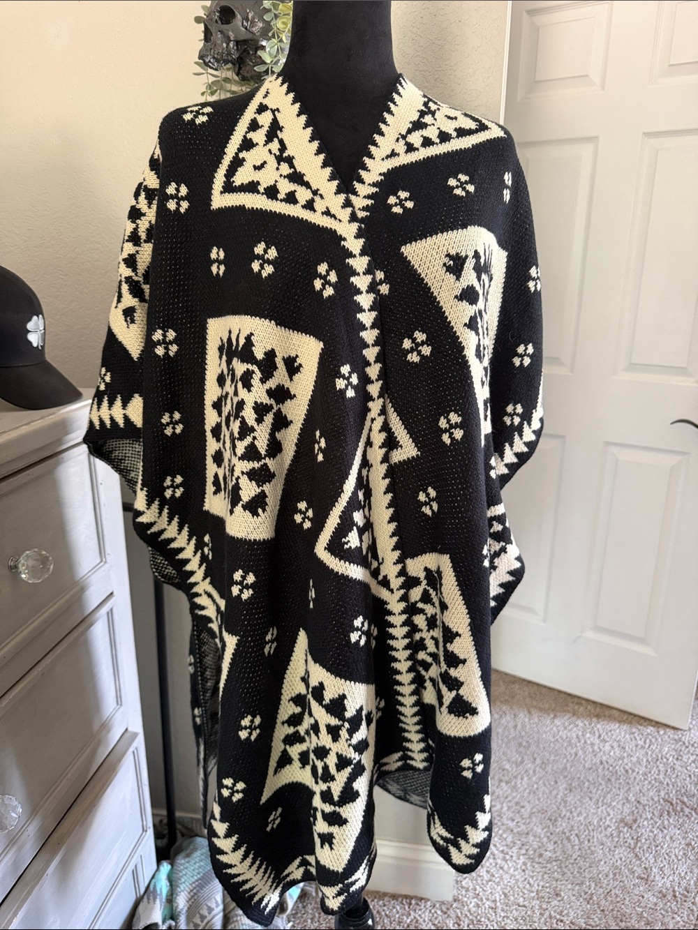 Black & Cream Geometric Knit Poncho Sweater
